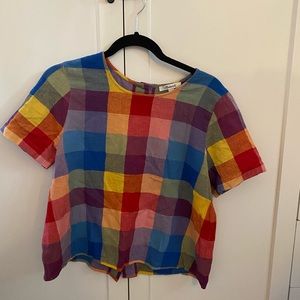 Madewell Boxy Button Back Rainbow Plaid Top Size L (fits like M)